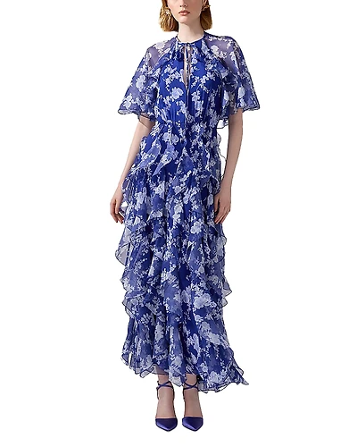 Carolina Herrera Silk Short Sleeve Tie Cape Ruffle Dress