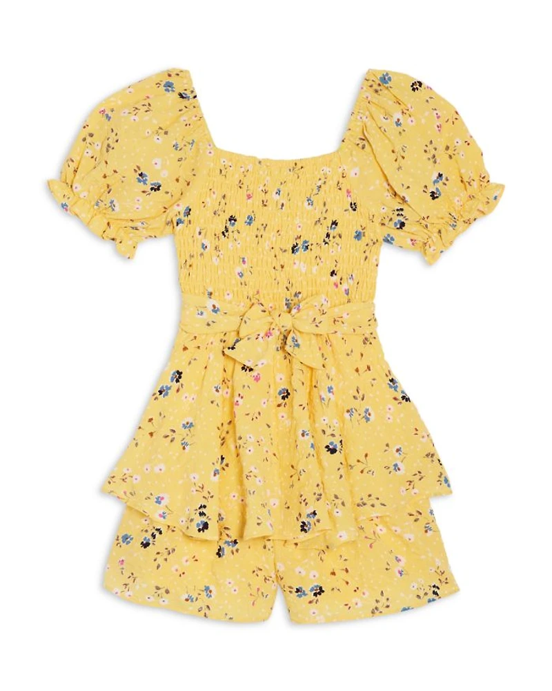 Girls' Floral Crepe Ruffled Romper - Big Kid