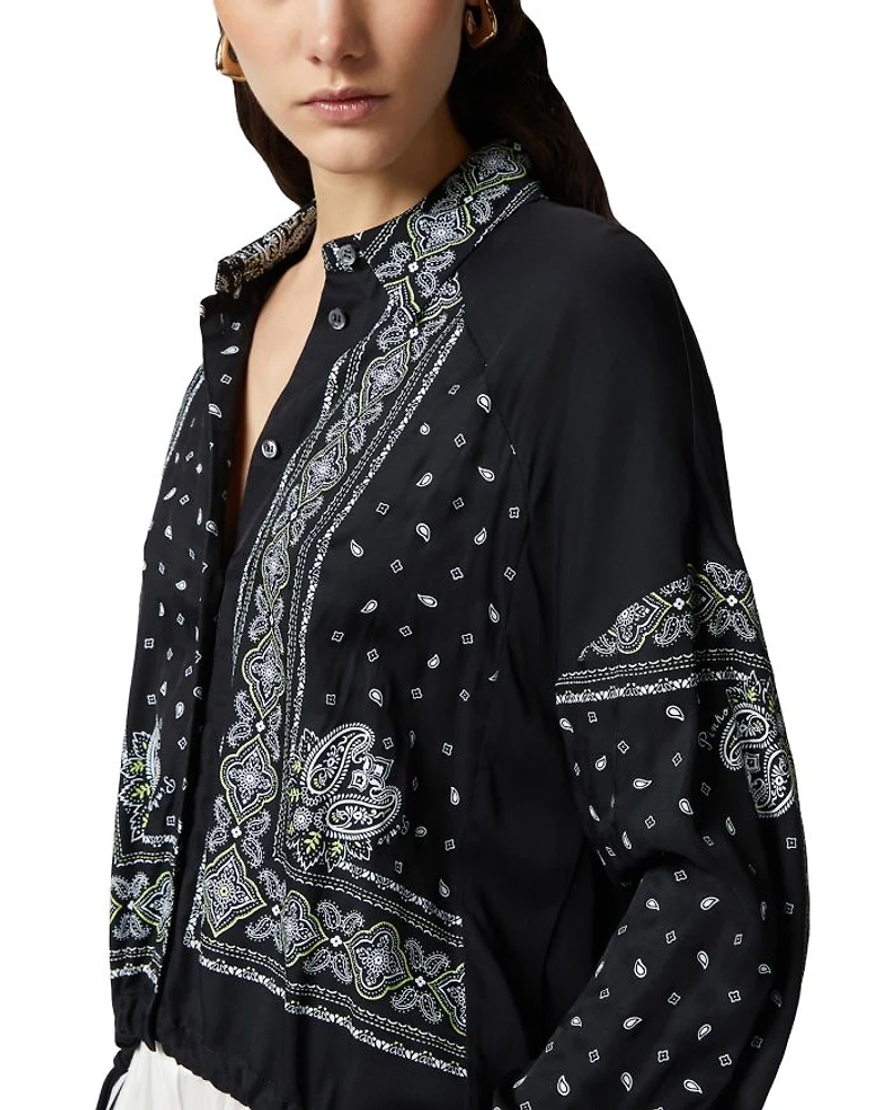 Printed Drawstring Hem Blouse