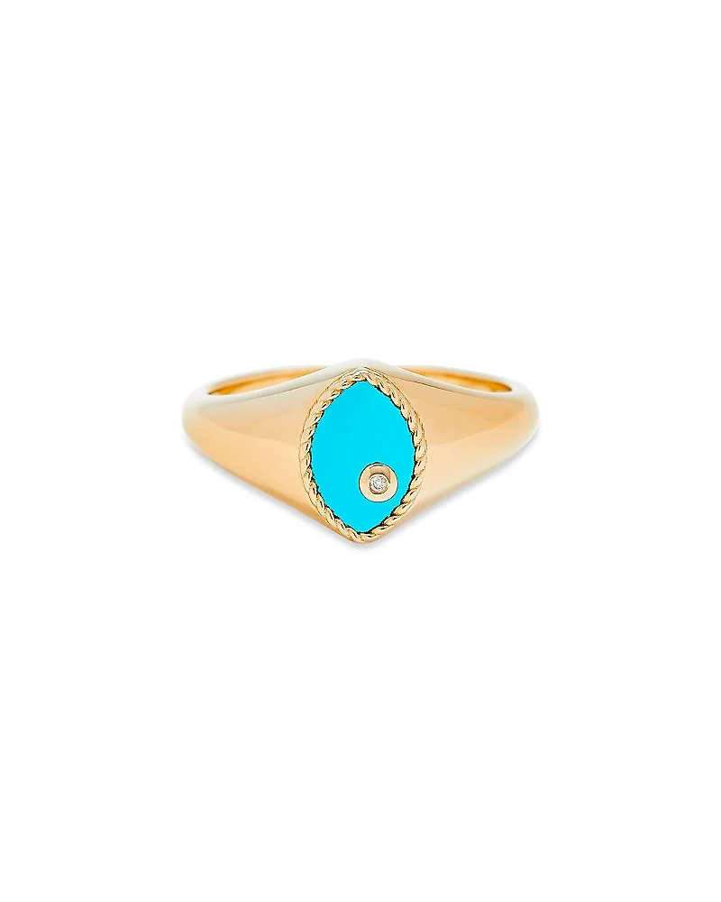 Yvonne Leon 9K Yellow Gold Turquoise & Diamond Baby Chevaliere Marquis Signet Ring