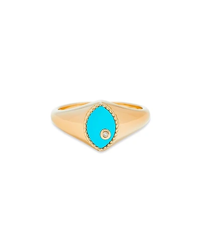 Yvonne Leon 9K Yellow Gold Turquoise & Diamond Baby Chevaliere Marquis Signet Ring