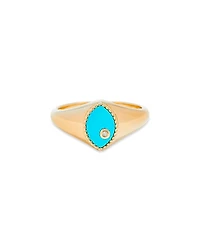 Yvonne Leon 9K Yellow Gold Turquoise & Diamond Baby Chevaliere Marquis Signet Ring