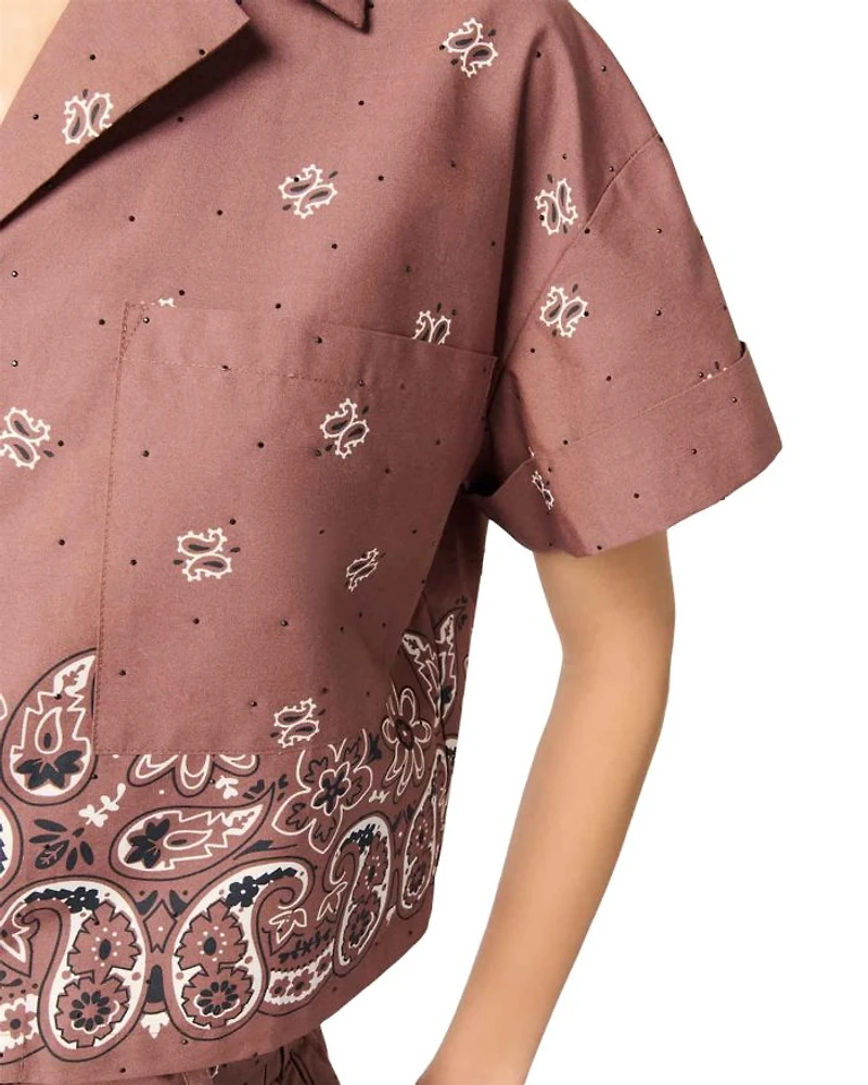 Patterned Rhinestone Cropped Shirt