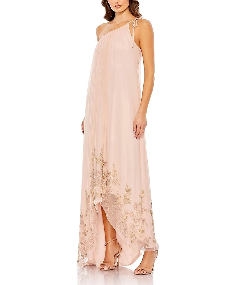 Mac Duggal Flowy One Shoulder Asymmetrical Beaded Gown