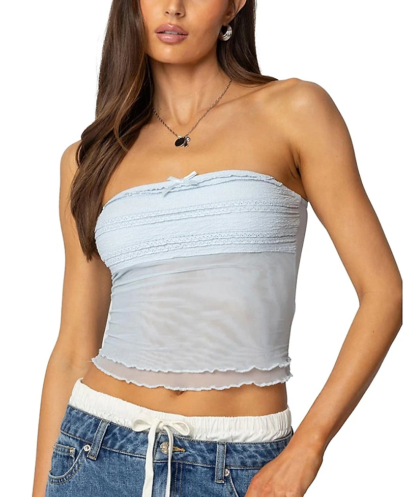 Edikted Rori Ruffle Knit Sheer Mesh Top