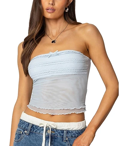 Edikted Rori Ruffle Knit Sheer Mesh Top