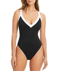 Bleu Rod Beattie Plunge Neck Cross Back One Piece Swimsuit