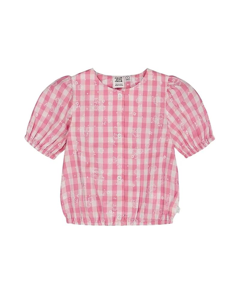 Deux par Girls' Puff Sleeve Top Pink and White Checks - Big Kid