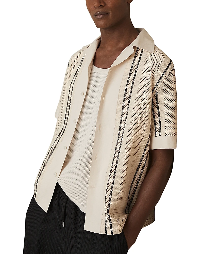 Reiss Striped Crochet Short Sleeve Camp Shirt
