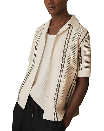 Reiss Striped Crochet Short Sleeve Camp Shirt