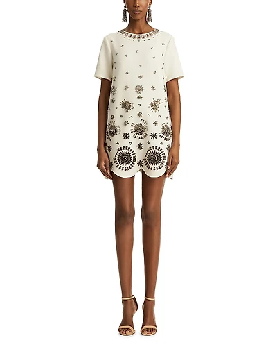 Oscar de la Renta Short Sleeve Embroidered Stretch Wool Cocktail Dress