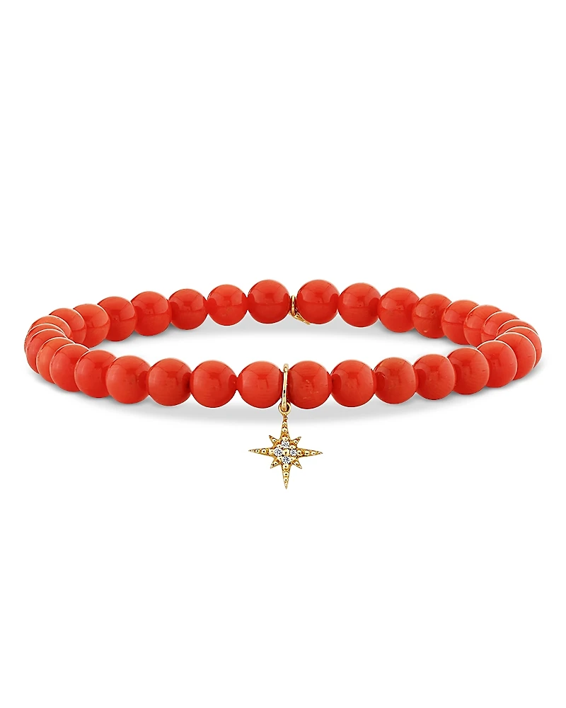 Sydney Evan 14K Yellow Gold Diamond Accent Starburst Charm Peach Coral Bead Stretch Bracelet
