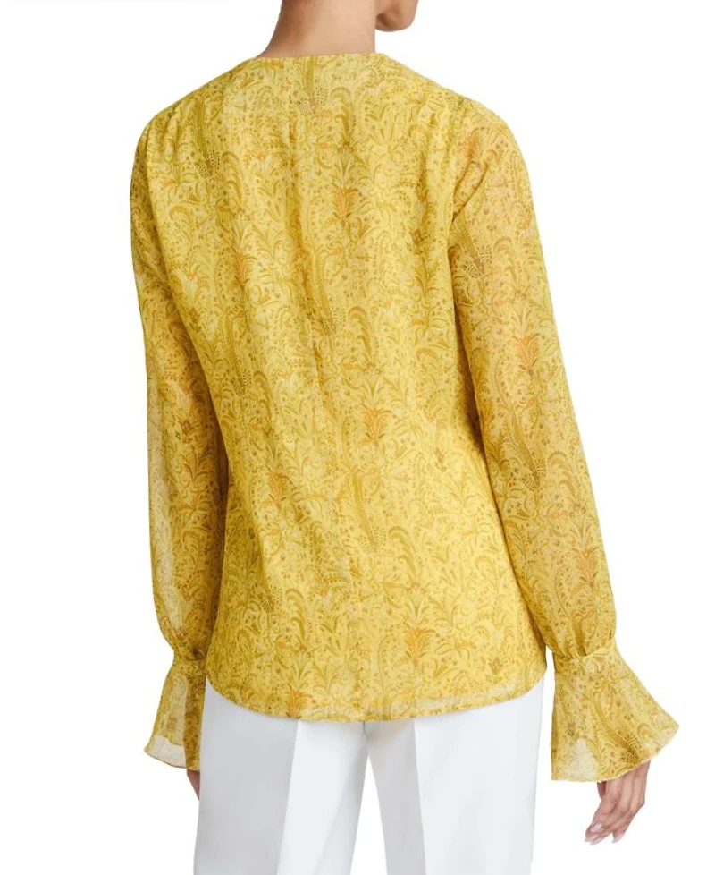 RUE Long Sleeve Blouse with Ruffled Cuffs Paisley Printed Crinkle Georgette