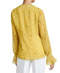 RUE Long Sleeve Blouse with Ruffled Cuffs Paisley Printed Crinkle Georgette