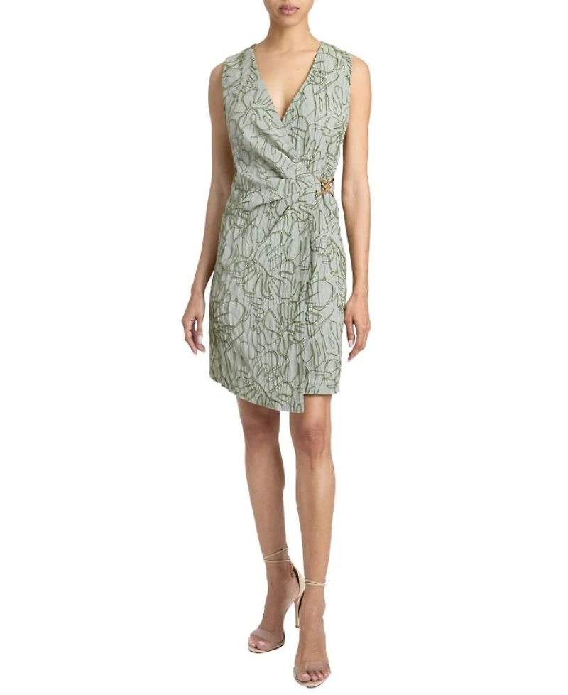 TILLY Sleeveless Faux Wrap Shift Dress Stretch Cotton Cloque
