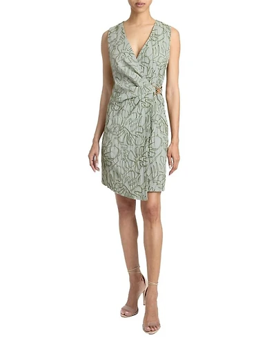 TILLY Sleeveless Faux Wrap Shift Dress Stretch Cotton Cloque