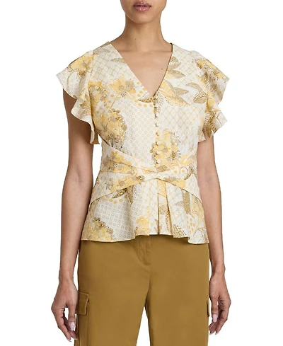 ELLA Flutter Sleeve Buttoned Blouse with Waist Panel Floral Printed Cotton Cloque
