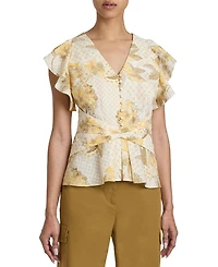 ELLA Flutter Sleeve Buttoned Blouse with Waist Panel Floral Printed Cotton Cloque