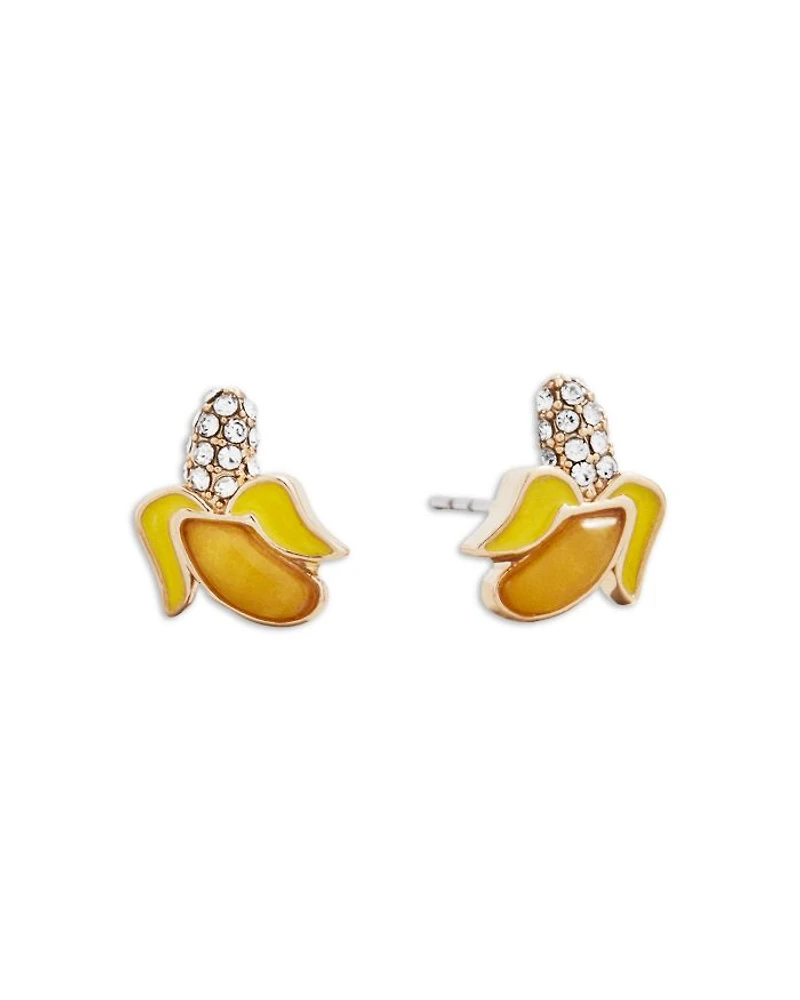 Fruit For Thought Pavé Banana & Strawberry Stud Earrings in Gold Tone, Set of 2