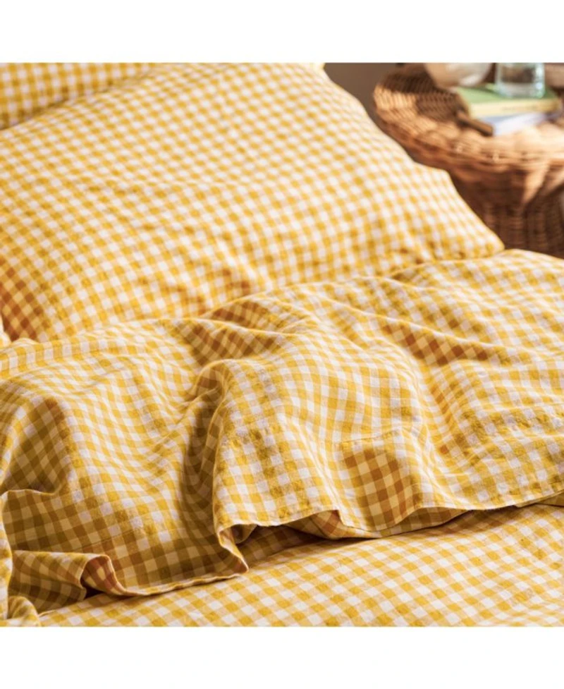 Gingham Linen Blend Flat Sheet, Queen