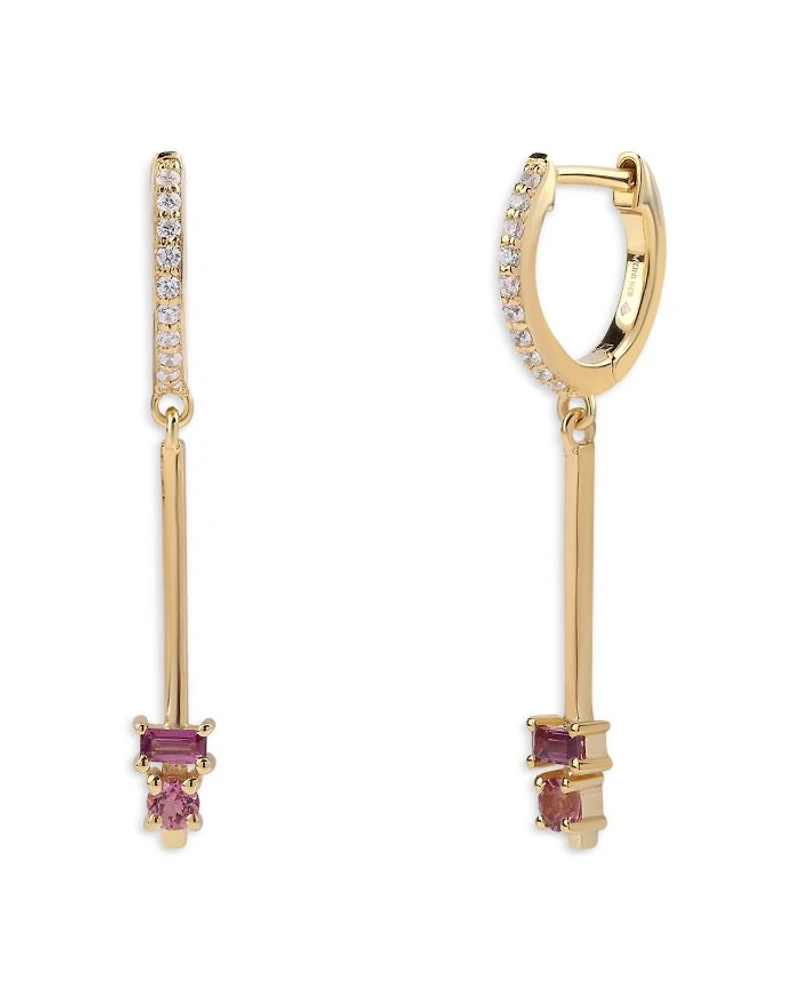 14K Yellow Gold Rhodolite, Pink Tourmaline & Diamond Dangle Hoop Earrings