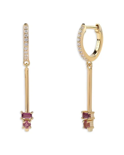 14K Yellow Gold Rhodolite, Pink Tourmaline & Diamond Dangle Hoop Earrings