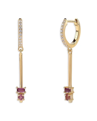 Moon & Meadow 14K Yellow Gold Rhodolite, Pink Tourmaline & Diamond Dangle Hoop Earrings