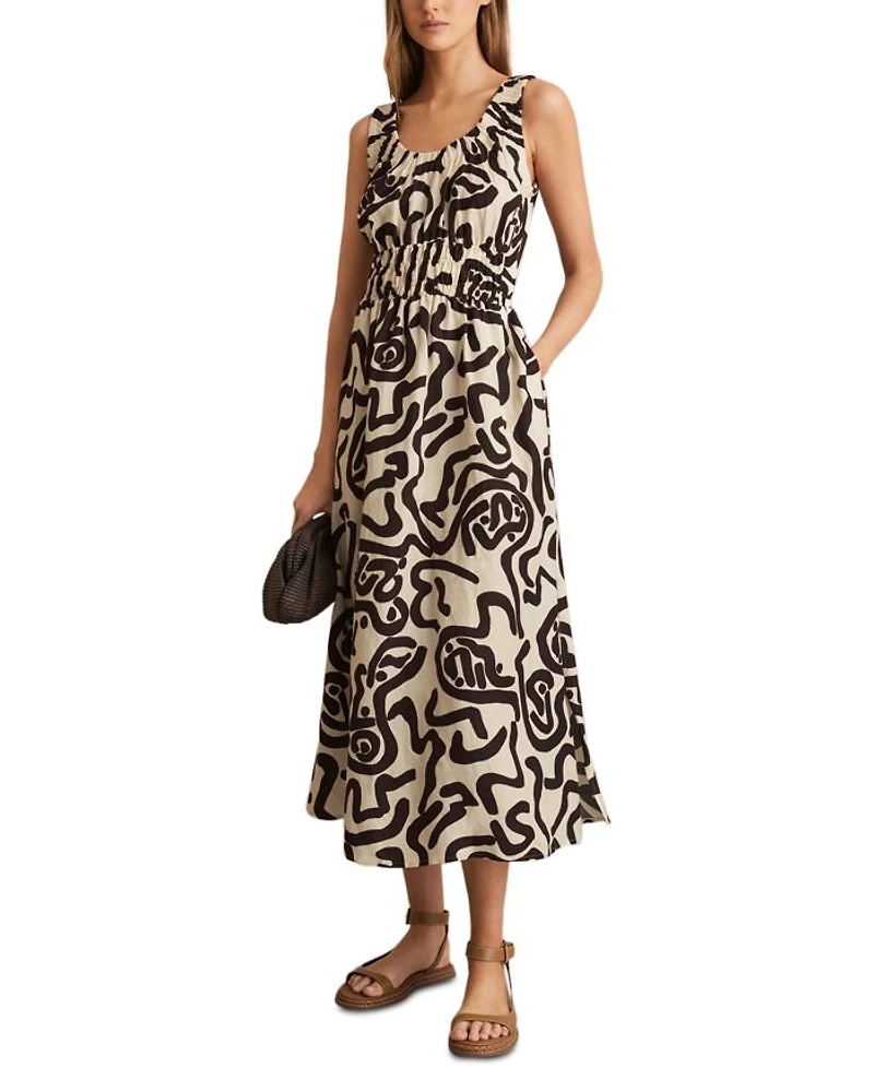 Akari Ruched Mono Print Midi Dress