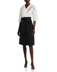 Teri Jon by Rickie Freeman Taffeta Elbow Sleeve Belted A Line Dress