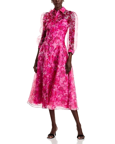 Teri Jon by Rickie Freeman Floral Print Organza Shirt Dress