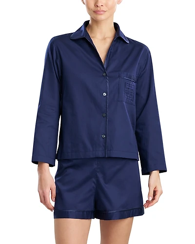 Natori Cotton Sateen Embroidered Essentials Notch Short Pajama Set