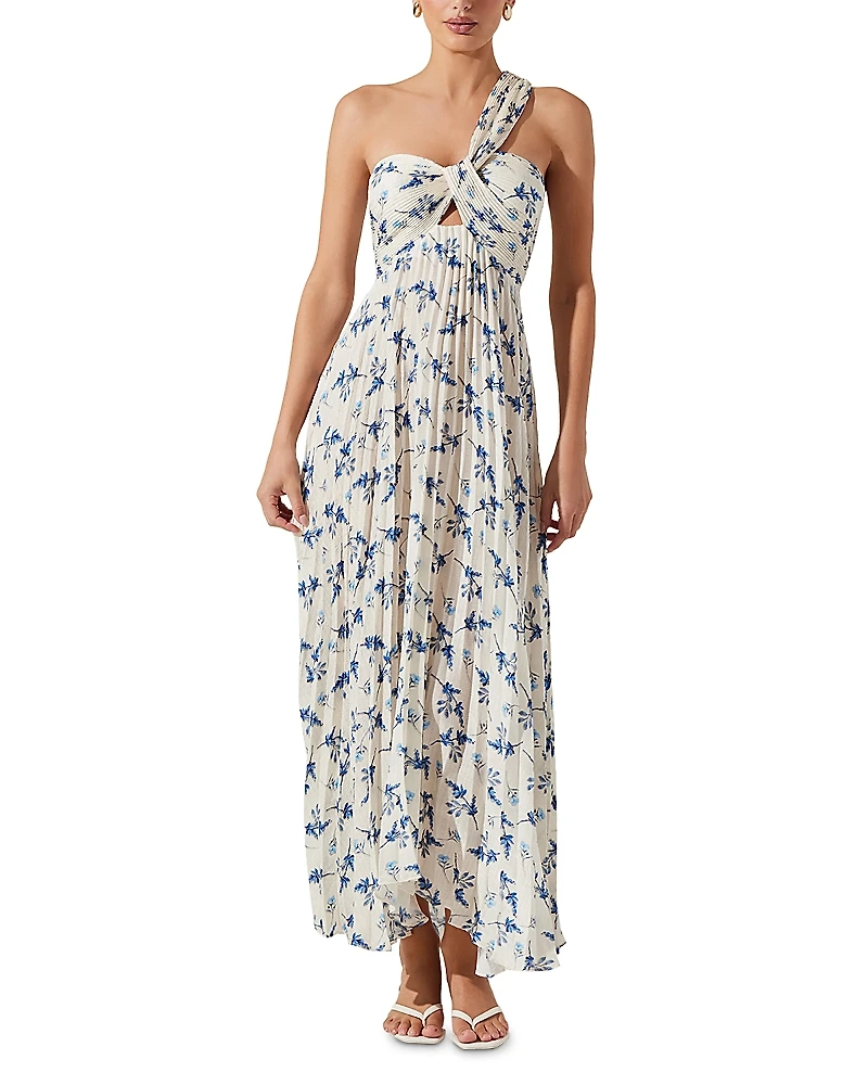 Astr the Label Rasya One Shoulder Floral Pleated Maxi Dress