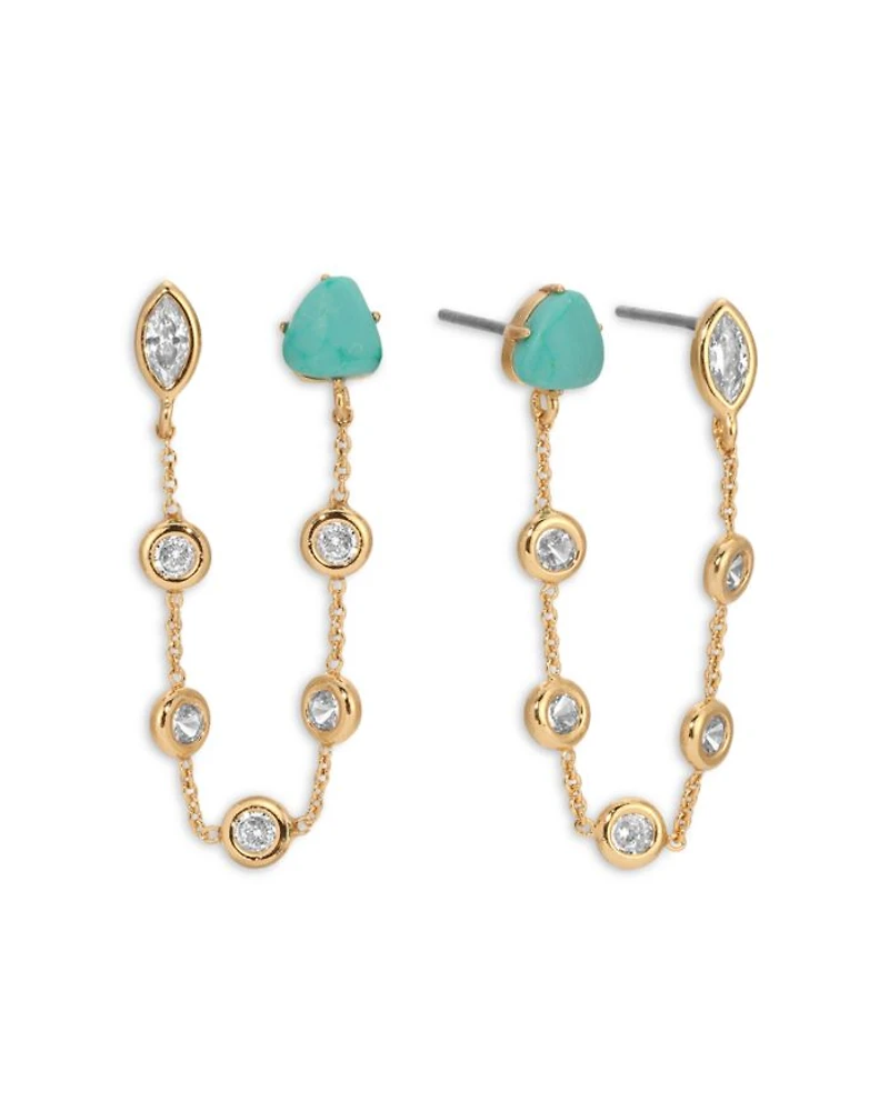 Turquoise & Cubic Zirconia Chain Connected Double Stud Earrings