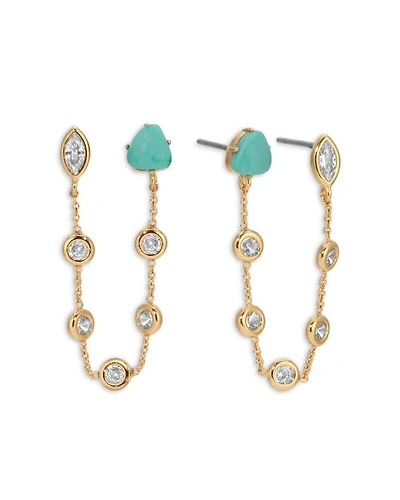 Turquoise & Cubic Zirconia Chain Connected Double Stud Earrings