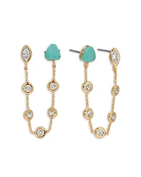 Turquoise & Cubic Zirconia Chain Connected Double Stud Earrings