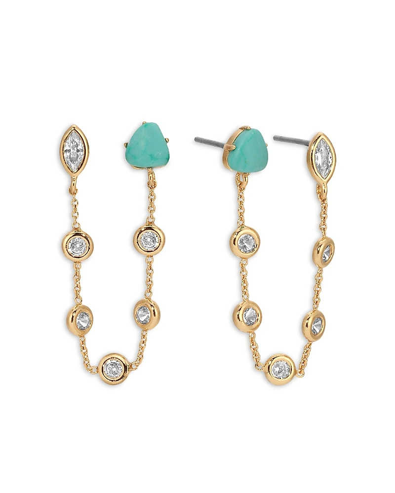 Ettika Turquoise & Cubic Zirconia Chain Connected Double Stud Earrings