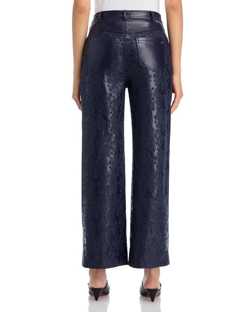 Embroidered Faux Leather High Rise Jeans Navy