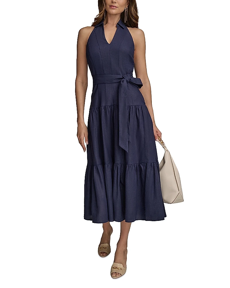 Donna Karan Linen Blend Halter A Line Dress