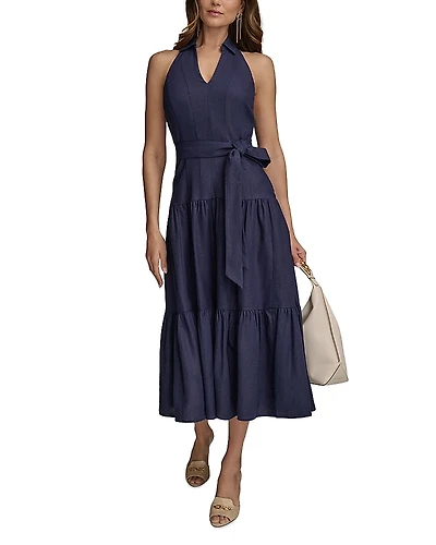 Donna Karan Linen Blend Halter A Line Dress