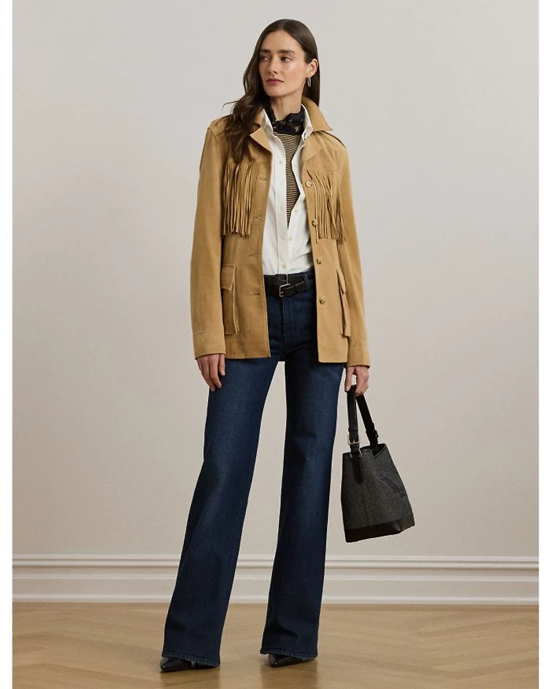 Fringe Trim Belted Goat Suede Jacket
