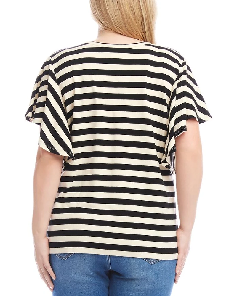 Plus Striped Flutter Sleeve V Neck Top