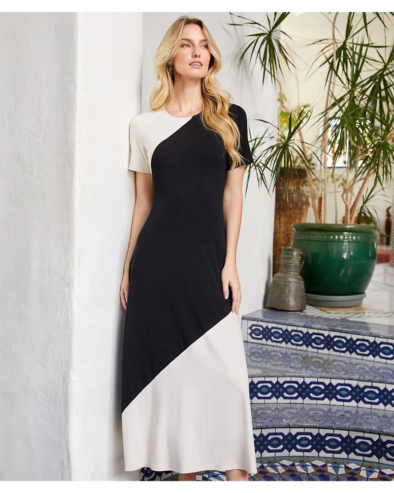 Short Sleeve Contrast Midi Dress
