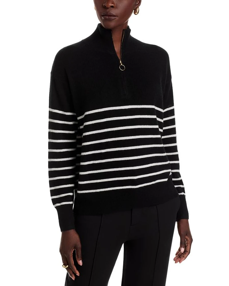 Mock Neck Quarter Zip Striped Cashmere Sweater
