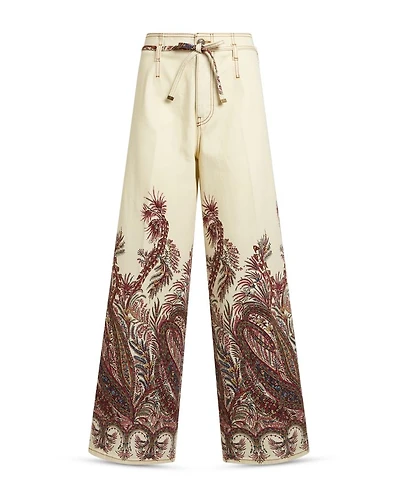 Printed Wide Leg Belted Jeans