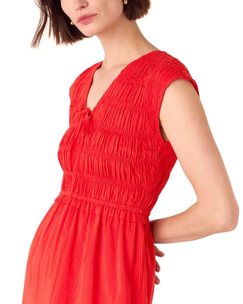 Shirred Bodice V Neck Dress