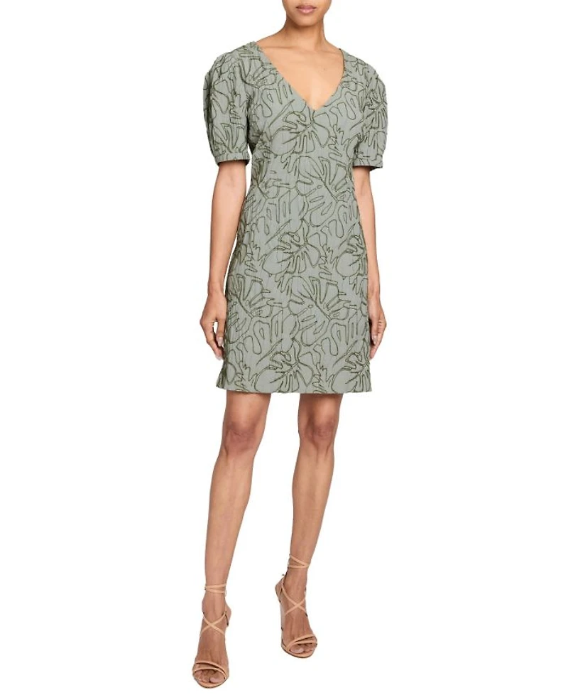 BIANCA A-Line Shift Dress with Puff Sleeves Abstract Stretch Cotton Cloque