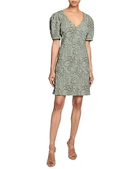 BIANCA A-Line Shift Dress with Puff Sleeves Abstract Stretch Cotton Cloque