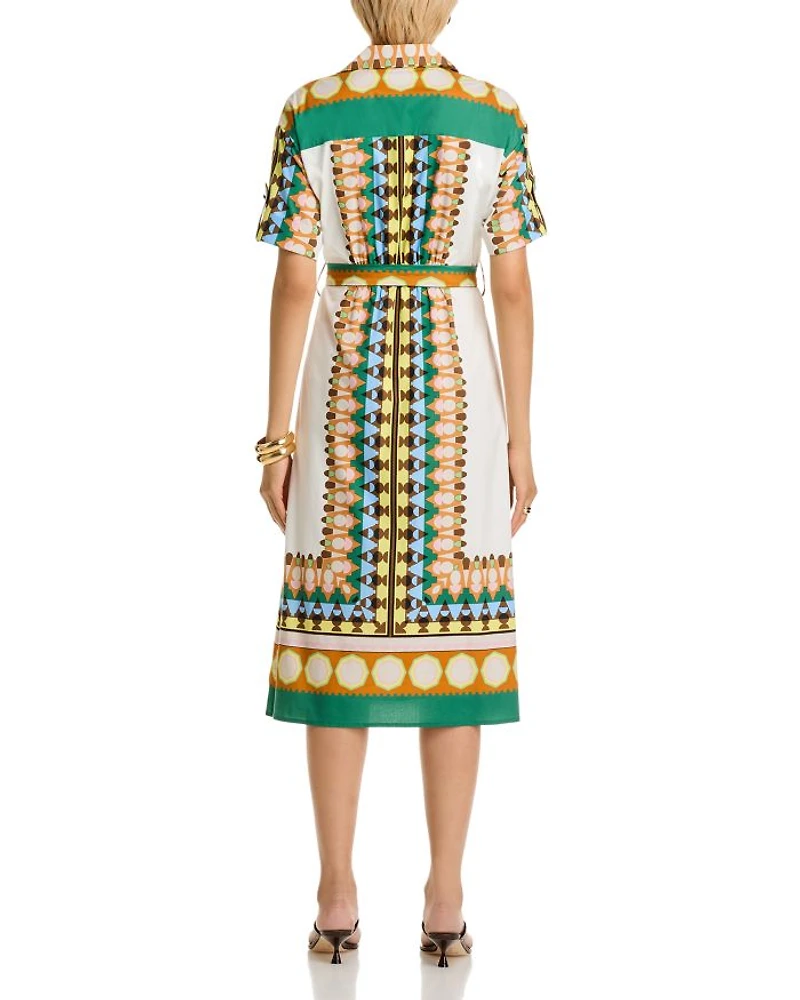 Printed Elbow Sleeve Tie Waist Dress