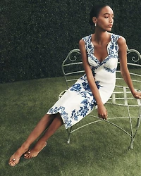 Blue Floral Cascade Wavy Sleeveless Dress