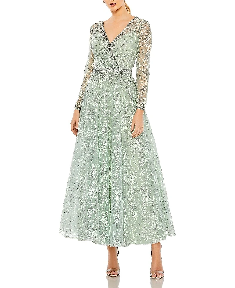 Mac Duggal Embellished Wrap Over Long Sleeve Midi Dress